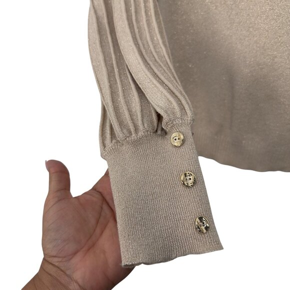 Nanette Lepore Women Gold Beige Knit Top Sweater XL Button Cuffs Pleated Sleeves - Picture 3 of 11